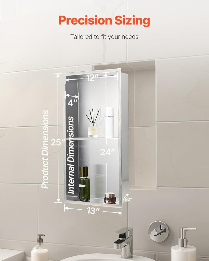 VEVOR Shower Niche, 13 x 25 x 4 inch Recessed Wall Niche Double-Layer, with Hollowed-Out Divider,Heavy-Duty Stainless Steel Modern Shampoo Storage Organizer,Waterproof, Silver for Bathroom