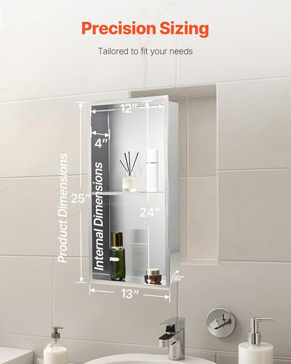 VEVOR Shower Niche, 13 x 25 x 4 inch Recessed Wall Niche Double-Layer, with Hollowed-Out Divider,Heavy-Duty Stainless Steel Modern Shampoo Storage Organizer,Waterproof, Silver for Bathroom
