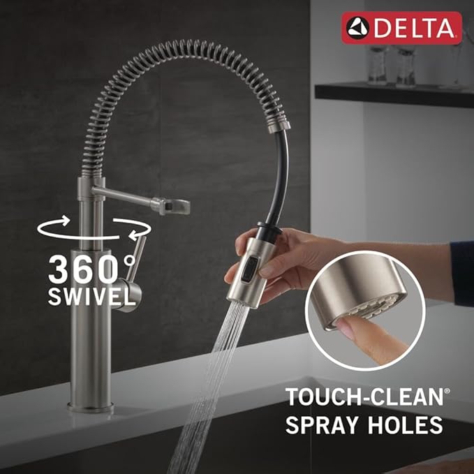 Delta Antoni Pro Style Commercial Kitchen Faucet with Pull Down Sprayer, Brushed Nickel Single Hole Kitchen Sink Faucet, Single Handle, Spotshield Stainless 18803-SP-DST