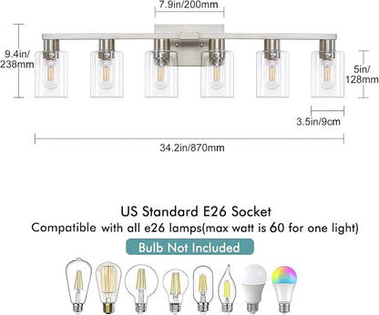 6 Light Bathroom Light Fixtures, Bathroom Vanity Light with Clear Glass, Brushed Nickel Bathroom Lighting Fixtures over Mirror, Large Vanity Lights for Bathroom, Vanity Lights for Mirror, Wall Sconce