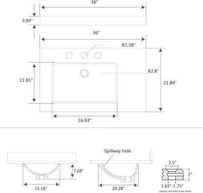 36 Inch Engineered Stone Bathroom Vanity Sink Top, with Undermount Rectangular Left Side Sink, Vanity Countertop with 8 inch Faucet Hole Spacing and Backsplash in Lightning White