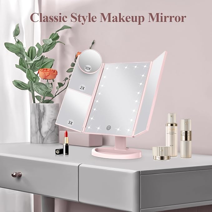 HUONUL 2X/3X/10X Magnifying Vanity Mirror with Light, Trifold Makeup Mirror | Touch Dimming, Dual Power, Clear View for Makeup, Skincare. Dorm Room Essentials. Birthday Gifts for Women, Mom, Wife, Girls