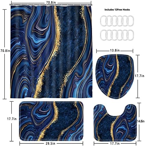 Nkzply 4Pcs Navy Blue Marble Shower Curtain Sets with Rugs Bathroom Set