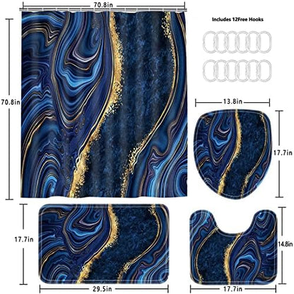 Nkzply 4Pcs Navy Blue Marble Shower Curtain Sets with Rugs Bathroom Set