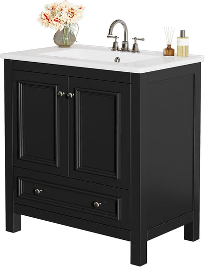 Tribesigns Modern Bathroom Vanity with Sink, Freestanding Bathroom Vanities Cabinet with Ceramic Basin Combo, Bathroom Sink Cabinet with 2 Doors and 1 Drawer, Solid Wooden Frame (Black, 30 INCH)