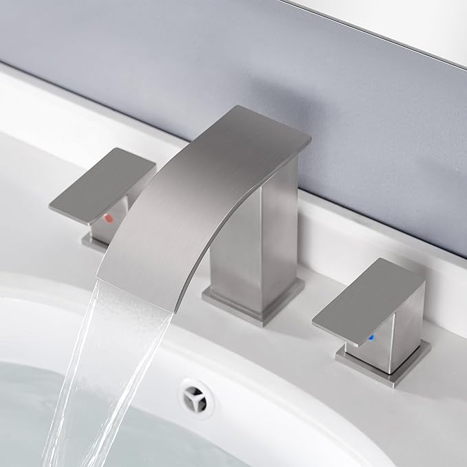 Bathroom Faucet 3 Holes Nickel - 8Inch Waterfall Bathroom Sink Faucet | Two Handles Widespread Lavatory Vanity Sink Faucets with Pop-up Drain Assembly & Supply Lines Brushed Nickel
