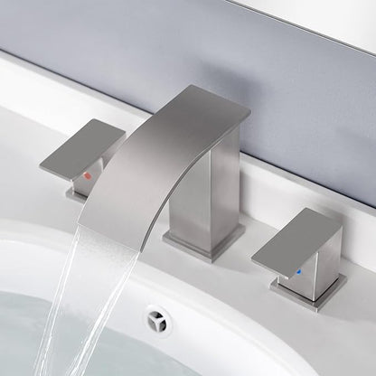Bathroom Faucet 3 Holes Nickel - 8Inch Waterfall Bathroom Sink Faucet | Two Handles Widespread Lavatory Vanity Sink Faucets with Pop-up Drain Assembly & Supply Lines Brushed Nickel