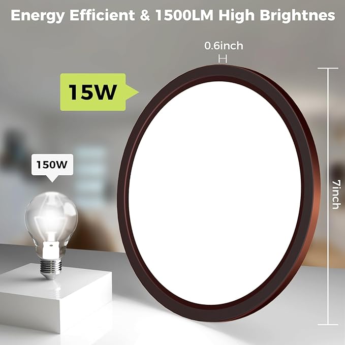 hepside LED Flush Mount Ceiling Light Fixture Oil Rubbed Bronze, 7Inch 15W, Dimmable&3000K-6500K Adjustable Low Profile Ceiling Light, 1500LM Round Lamp for Bathroom, Bedroom, Closet, Kitchen, Hallway