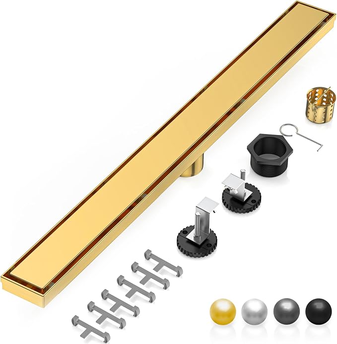 DLONE® Linear Shower Drain - 48 Inch Brushed Gold, with Tile Insert Panel | AISI 304 Stainless Steel Linear Drain, Rectangle Shower Floor Drain, with Adjustable Feet, Fits Bathroom & Balcony etc