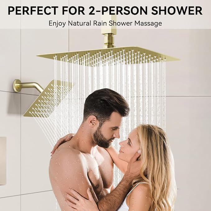 Shower System Shower Faucet Set, STARBATH 12"+6" Ceiling Mount Rain Shower Head and Handheld Spray for Two Person, Rainfall Shower System with Diverter Valve and Trim Kit Complete,Brushed Gold