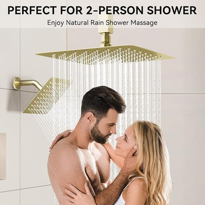 Shower System Shower Faucet Set, STARBATH 12"+6" Ceiling Mount Rain Shower Head and Handheld Spray for Two Person, Rainfall Shower System with Diverter Valve and Trim Kit Complete,Brushed Gold