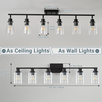 LOUSACE 6 Light Kitchen Track Light Fixtures Ceiling Vanity Lights Black, Bathroom Track Lighting Kit w/Rotatable Heads & Clear Glass Shade, Modern Wall Ceiling Tracking Light for Accent Shop Hallway