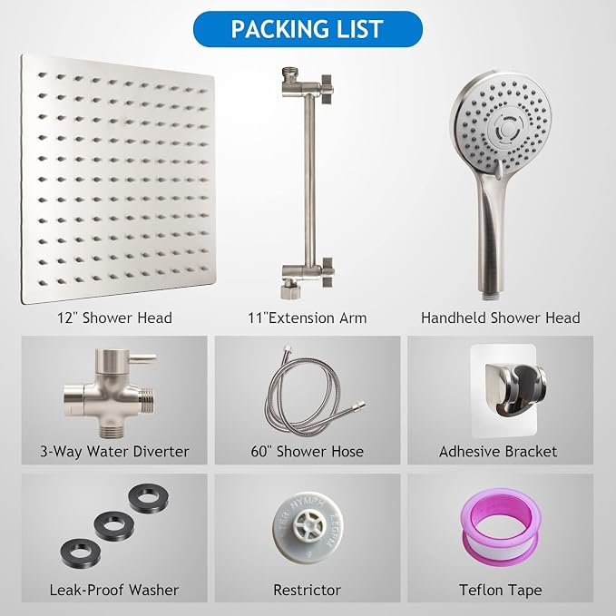 Shower Head Combo,12" Brushed Nickel High Pressure with 11" Extension Arm | Rain Shower Head with 5 Settings Handheld Shower Head Combo,Powerful Shower Spray Against Low Pressure Water