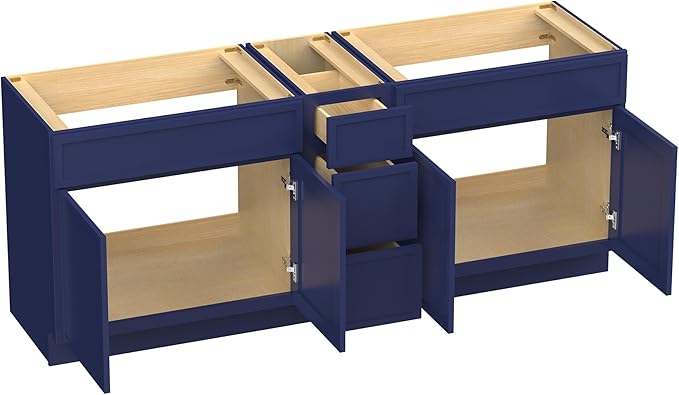 HomeBeyond 90 Inches Bathroom Vanity Base Cabinet Without Sink, Double Sink Top Sturdy Floor Mounted Cabinet with Door & Soft Closing Drawers, Blue, VA4139-2+VA4112-3