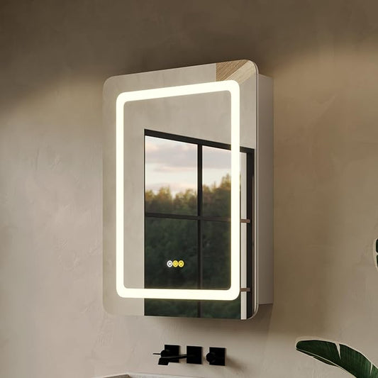24"x32" LED Bathroom Mirror Cabinet with Lights, Wall Mounted or Recessed Medicine Cabinet, Dimmable Front & Anti-Fog, Adjustable Shelves, Modern Aluminum Storage Cabinet (24X32 in|1 Door)