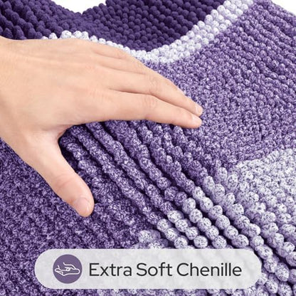 HOMEIDEAS Purple Bathroom Rugs Set of 2, Striped Chenille, 20"x32"+17"x24"