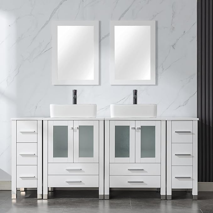 LUCKWIND 72" Double 24-in Bathroom Vanity with Sink Combo, Elegant Series with Two 12.6-in Side Cabinets, Painted Frame, Including Black Line Rectangle Sinks, Faucets Without Mirrors, White