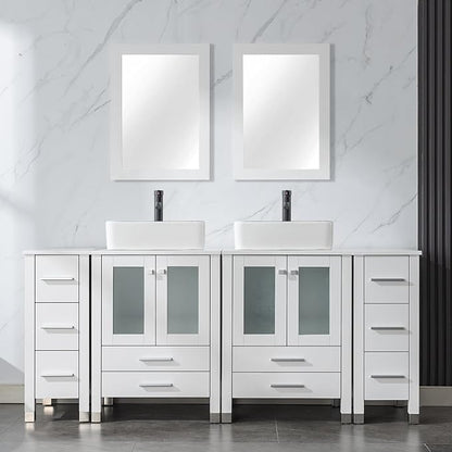 LUCKWIND 72" Double 24-in Bathroom Vanity with Sink Combo, Elegant Series with Two 12.6-in Side Cabinets, Painted Frame, Including Black Line Rectangle Sinks, Faucets Without Mirrors, White