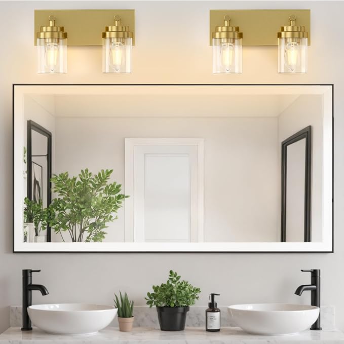 IZORRO Bathroom Vanity Light Fixture, 2-Light 15 Inch Gold Bathroom Light Fixtures Over Mirror, with White Glass Shade, Modern Farmhouse Vanity Lights, Rustic Restroom Lighting Fixtures