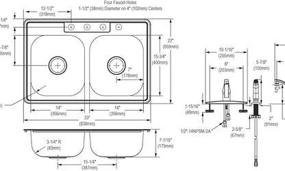Dayton Stainless Steel 33" x 22" x 7-1/16", 4-Hole Equal Double Bowl Drop-in Sink and Faucet Kit
