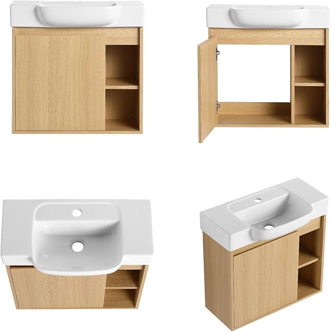 24" Bathroom Vanity with Ceramic Sink, Farmhouse Cabinet, Light Oak | Ceramic Sink, Soft-Close Door, Interior Compartment and 2-Tier Open Side Shelves, 45° Inclined Edge Handle