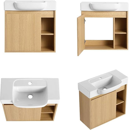 24" Bathroom Vanity with Ceramic Sink, Farmhouse Cabinet, Light Oak | Ceramic Sink, Soft-Close Door, Interior Compartment and 2-Tier Open Side Shelves, 45° Inclined Edge Handle