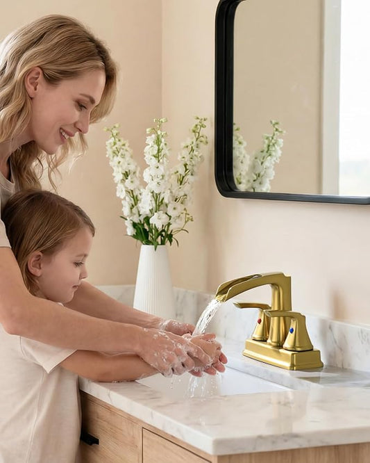 Fapully Bathroom Faucet, Waterfall Bathroom Sink Faucet Widespread, 4 Inch Centerset Brushed Gold Faucet for Bathroom Sink with Pop-up Drain