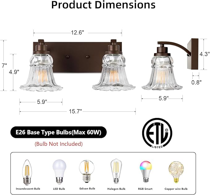 Vintage 2-Light Bathroom Vanity Light, Oil Rubbed Bronze Bathroom Light Fixtures with Floral Clear Glass Shades, Antique Wall Sconce Fixtures for Dressing Table, Bedroom