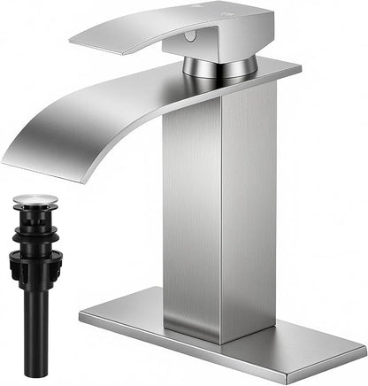 Brushed Nickel Bathroom Faucets, Waterfall Bathroom Sink Faucet Single Handle Bathroom Faucet for 1 or 3 Hole, Mixer Tap Vanity Faucet with Deck Plate, Pop-up Drain and Supply Hoses