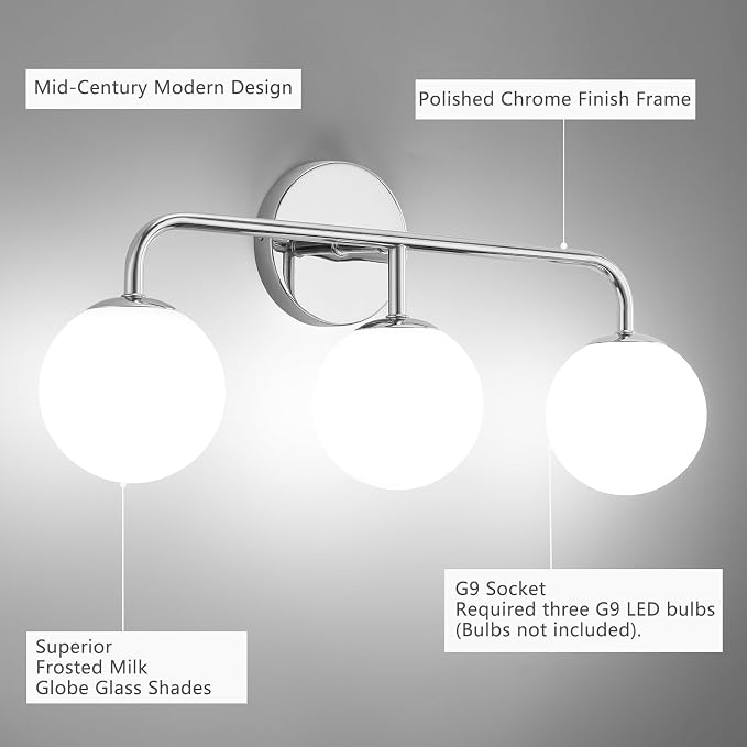 Chrome Vanity Lights, Mid Century Modern 3-Light Bathroom Lighting Fixture Over Mirror, Polished Wall Sconces With Frosted Milk Glass Shade