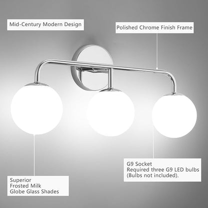 Chrome Vanity Lights, Mid Century Modern 3-Light Bathroom Lighting Fixture Over Mirror, Polished Wall Sconces With Frosted Milk Glass Shade