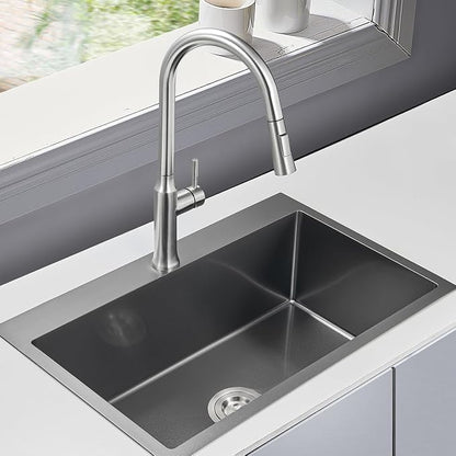 28x18 Inch Drop in Kitchen Sink Single Hole 304 Stainless Steel | Topmount Single Bowl Sink with Black Finish, Large Basin for Family Kitchen, Bar and Prep Area
