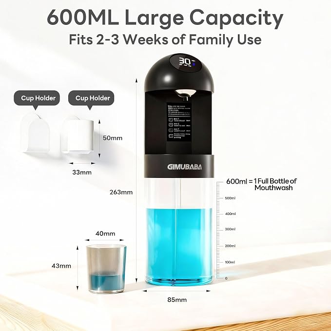 Upgraded Automatic Mouthwash Dispenser with 4 Dispensing Levels for Bathroom-GIMUBABA Smart Mouth Wash Dispenser Sets with 28.3 FL Oz Container,2 Cups & Wall Mount Accessories for Kids & Family(black)