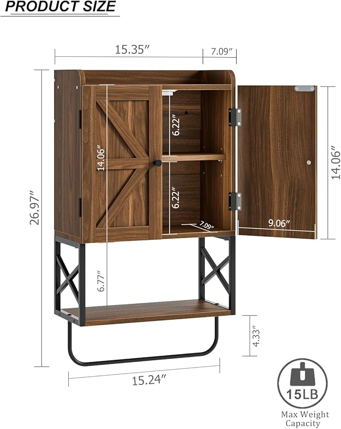 Masupu Bathroom Cabinet Wall Mounted, Wooden Medicine Cupboard with Adjustable Shelves, Space-Saving Wall Storage Unit for Bathroom, Kitchen and Living Room (9"D x 15.35"W x 27.16"H,Country Walnut)