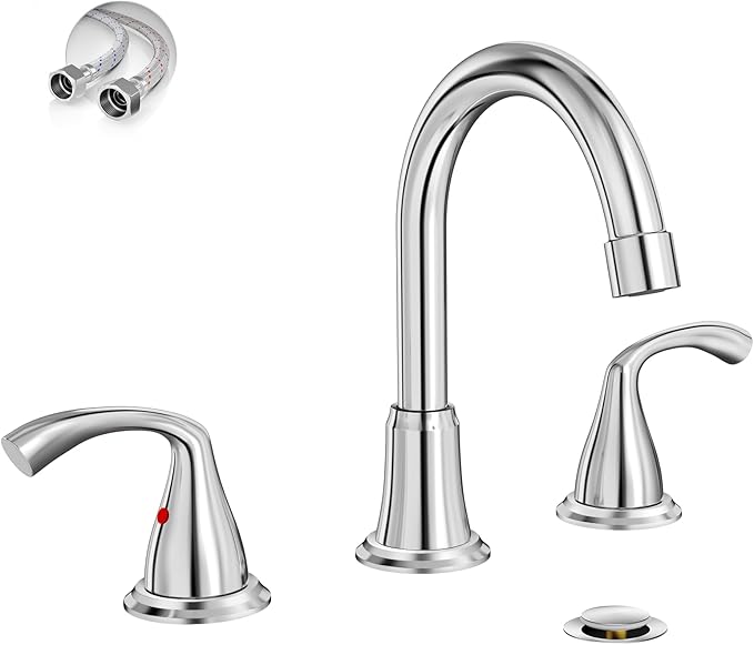 Phiestina 8 Inch Widespread Chrome Bathroom Sink Faucet, 2 Handle 3 Hole Bathroom Faucet with Metal Pop up Drain and Water Supply Lines, WFJC180-C