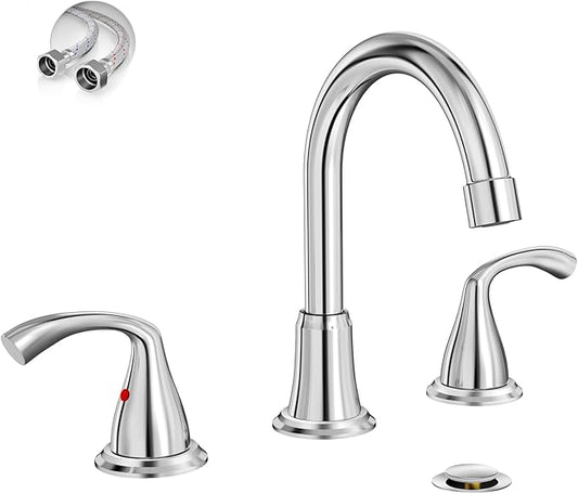 Phiestina 8 Inch Widespread Chrome Bathroom Sink Faucet, 2 Handle 3 Hole Bathroom Faucet with Metal Pop up Drain and Water Supply Lines, WFJC180-C