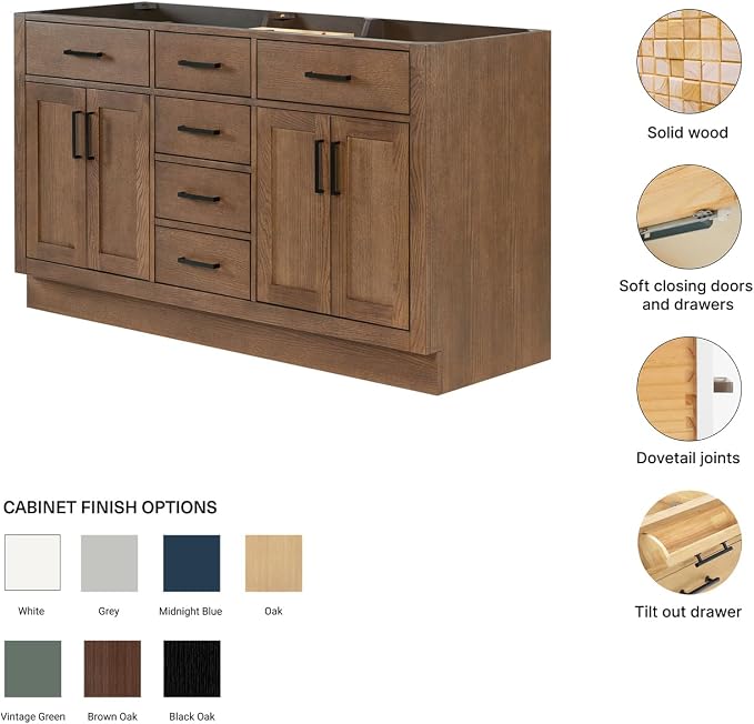 ARIEL Hepburn 60-inch Bathroom Vanity Base Cabinet,Solid Wood, 4 Soft Closing Doors, 6 Dovetail Drawers, Brown Oak