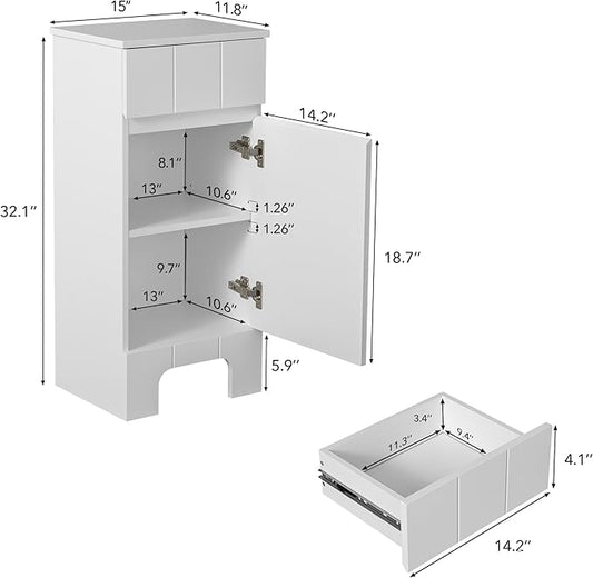 Small Bathroom Cabinet with Adjustable Shelves, Drawer, Anti-Tip Design, 14.96" L x 11.81" W x 32.09" H, Durable MDF for Bathroom, Kitchen, Laundry, Soft-Close Door