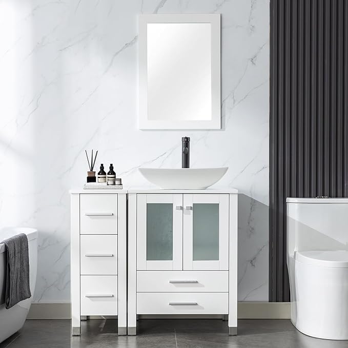 LUCKWIND 36" Bathroom Vanity with Sink Combo, 24-inch Main Cabinet with 12.6-inch Side Cabinet, Painted Bathroom Storage Cabinet with 5 Drawers, Including Curved Rectangle Sink Without Mirror, White