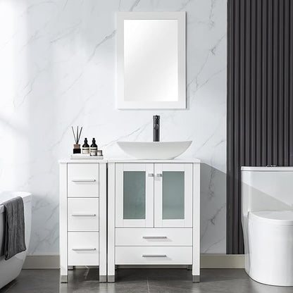 LUCKWIND 36" Bathroom Vanity with Sink Combo, 24-inch Main Cabinet with 12.6-inch Side Cabinet, Painted Bathroom Storage Cabinet with 5 Drawers, Including Curved Rectangle Sink Without Mirror, White