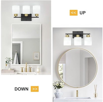 WILON Bathroom Light Fixtures Over Mirror, 3 Light Black and Gold Vanity Light, Wall Sconces with White Milky Glass Lamp Shades,E26 Bathroom Vanity Light (Bulbs Not Included)