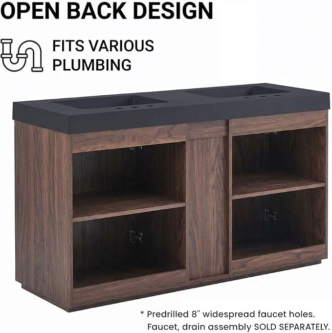 60" Double Bathroom Vanity with Sink (8" Widespread Faucet Holes Predrilled), Mid Century Modern Bathroom Cabinet with 4 Doors & Shelves, Matte Black Sink with Overflow, Walnut