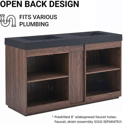 60" Double Bathroom Vanity with Sink (8" Widespread Faucet Holes Predrilled), Mid Century Modern Bathroom Cabinet with 4 Doors & Shelves, Matte Black Sink with Overflow, Walnut