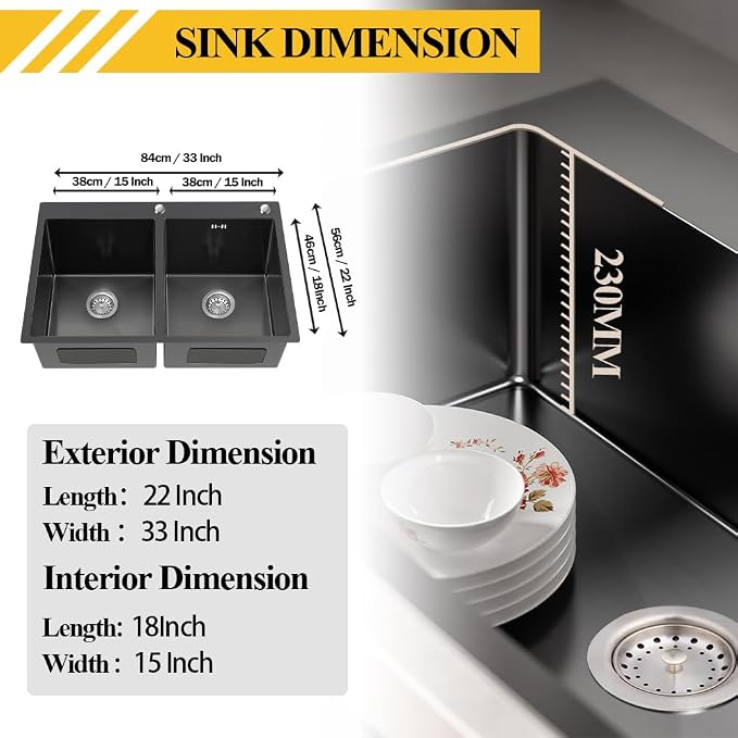 Black 33x22In Drop-in Kitchen Sink, Stainless Steel,50/50 Equal Double Bowl | Modern Topmount Kitchen Sink Combo, Include SS Grid,Silicon Mat,Soap Dispenser, Compatibility With Various Kitchen Style