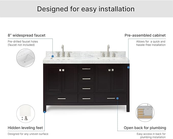 ARIEL Cambridge 60-inch Bathroom Vanity with Sink,Solid Wood, 2-inch Italian Carrara Marble Countertop, Double Rectangular Porcelain Sink, 4 Soft Closing Doors, 6 Dovetail Drawers, Espresso