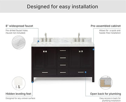 ARIEL Cambridge 60-inch Bathroom Vanity with Sink,Solid Wood, 2-inch Italian Carrara Marble Countertop, Double Rectangular Porcelain Sink, 4 Soft Closing Doors, 6 Dovetail Drawers, Espresso