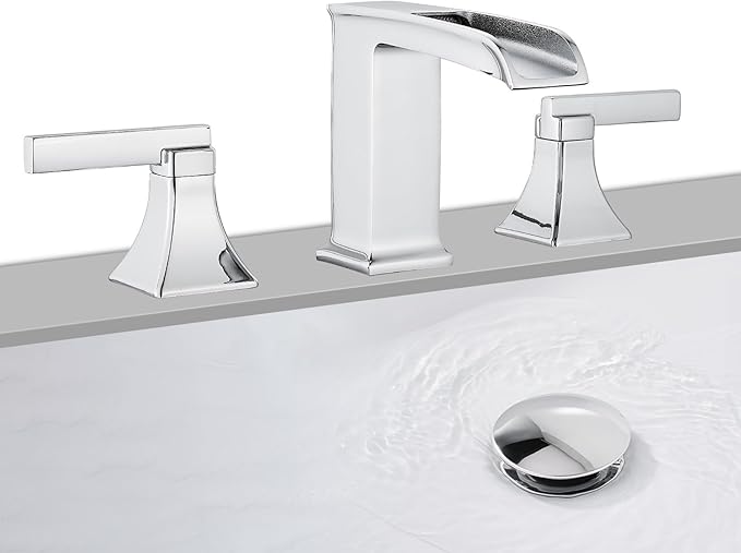 Chrome Bathroom Sink Faucet,Sanliv 3-Piece Widespread Bathroom Faucets for 3-Hole Sinks 4-8 inch,2-Handle Waterfall Vanity Faucet with Drain Assembly,Polished Chrome