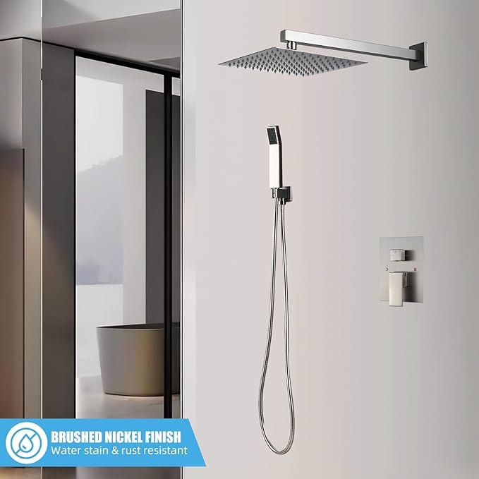 Modern Shower Faucet with 10 Inch Rain Shower head Shower System and Handheld Shower Combo,2-Function Shower Fixtures Included Shower Trim Kit (Brush Nickel)