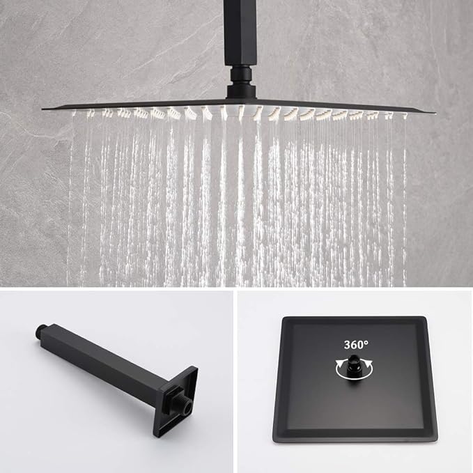 Iriber Matte Black Ceiling Mount Rain Shower System with 12 Inch Shower Head and Handheld Bathroom Square Shower Faucet Set Contain Shower Mixer and Trim Kit (Valve Included)