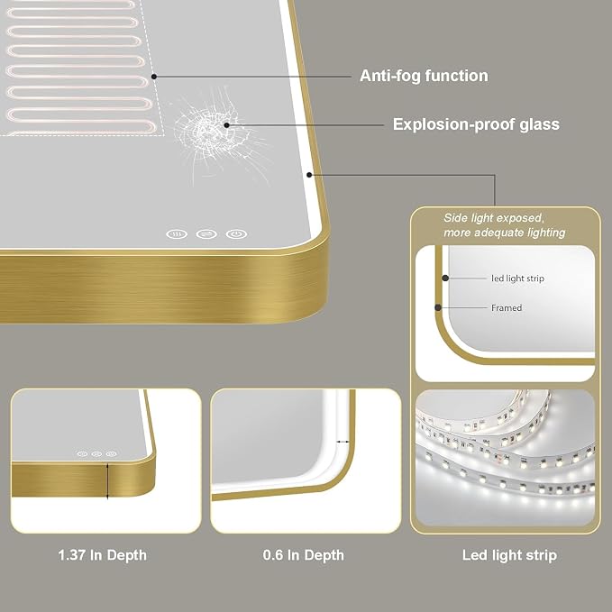 LED Mirror for Bathroom 30X36 Inch Gold Framed with Anti-Fog, Stepless Dimmable, Front Lit, LED Bathroom Vanity Mirror for Wall, Memory Function, Shatter-Proof